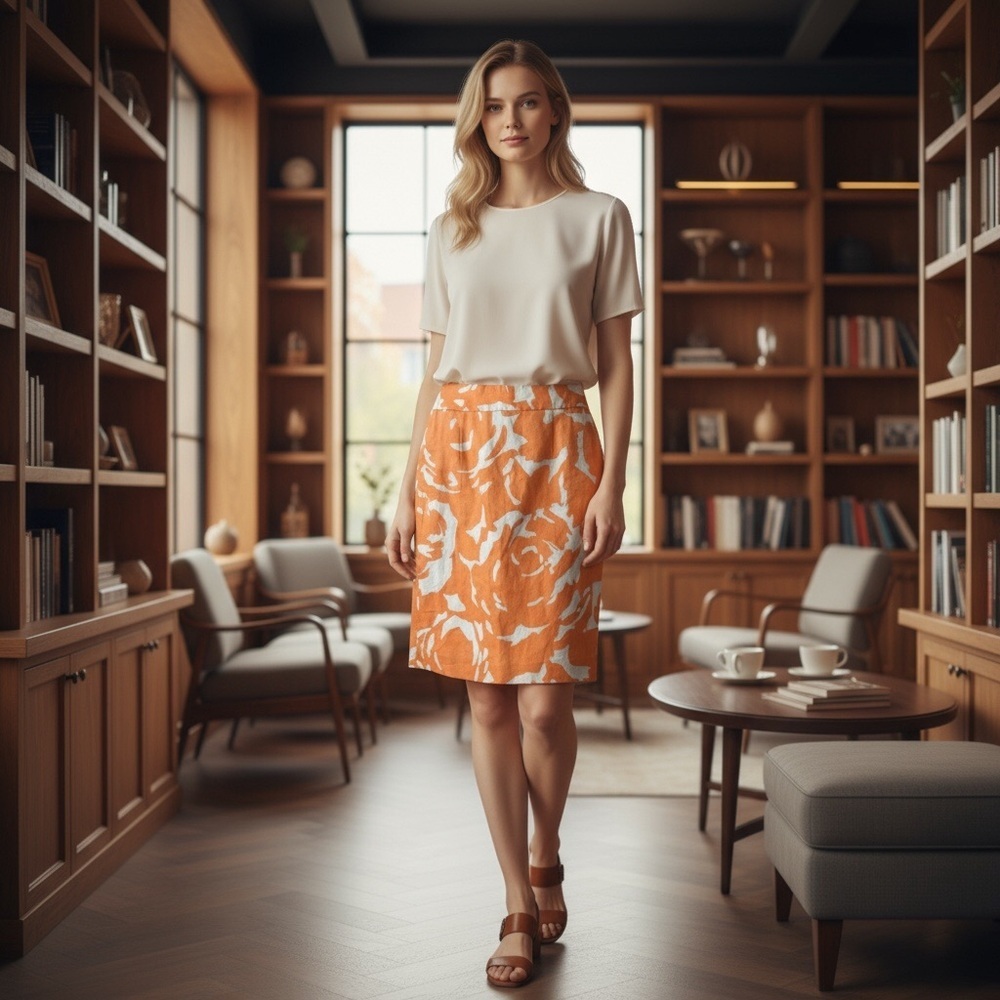 J. Crew Orange and White Pencil Skirt size Medium